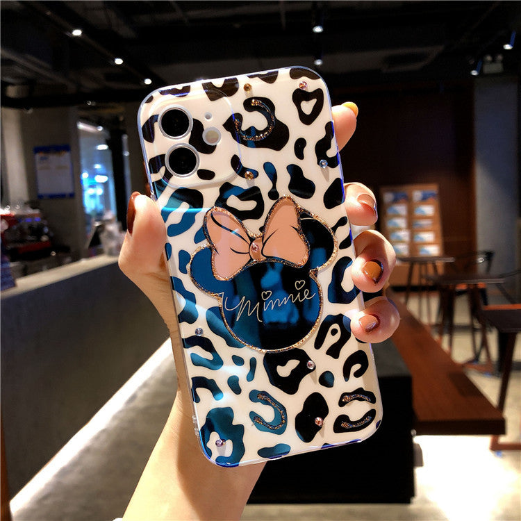 Leopard-Print Mickey and Minnie for iPhone12promax Mobile Phone Case Flash Drill Apple 11 Drops Of Glue 13 Soft Cover 7/8p Case