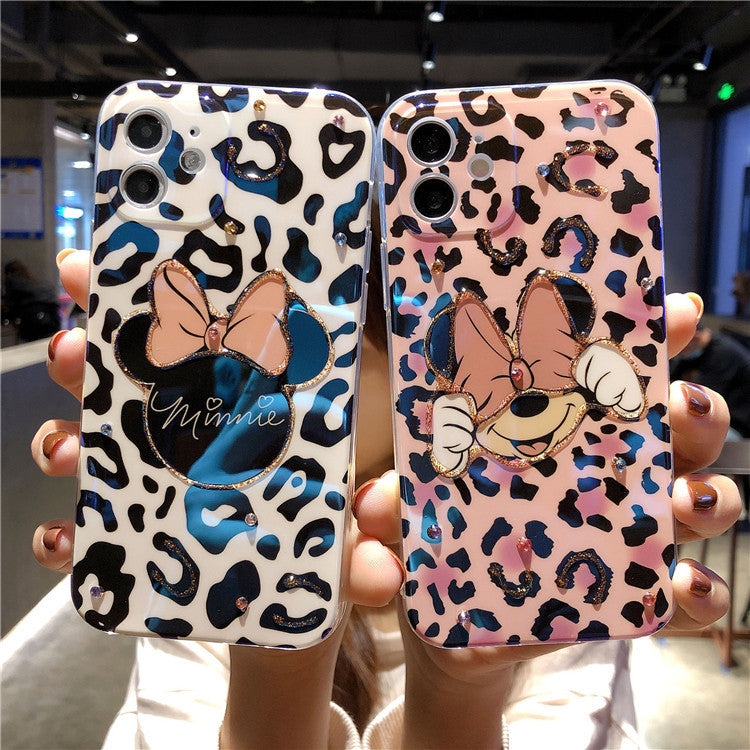 Leopard-Print Mickey and Minnie for iPhone12promax Mobile Phone Case Flash Drill Apple 11 Drops Of Glue 13 Soft Cover 7/8p Case